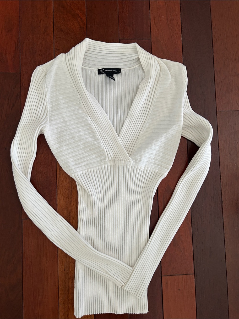INC International Concepts Cream Ribbed V-Neck Sweater